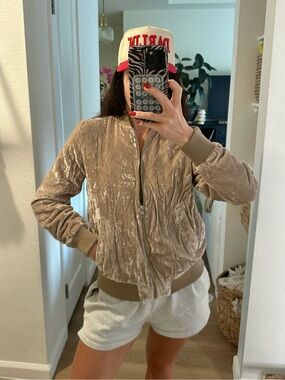 Madewell Taupe Velvet Bomber Jacket - Zip Front